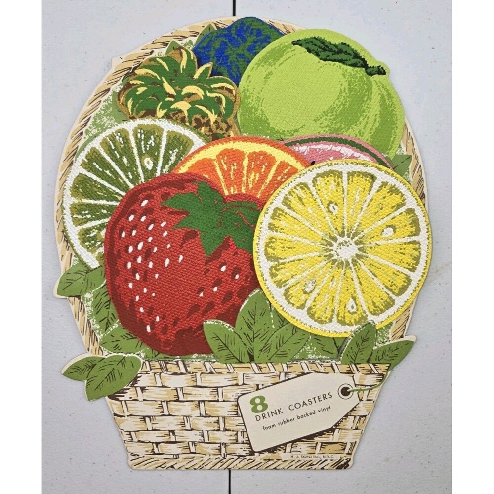 Drink Coaster Set Fruit Design Stotter Basket Storage & Box MCM VTG